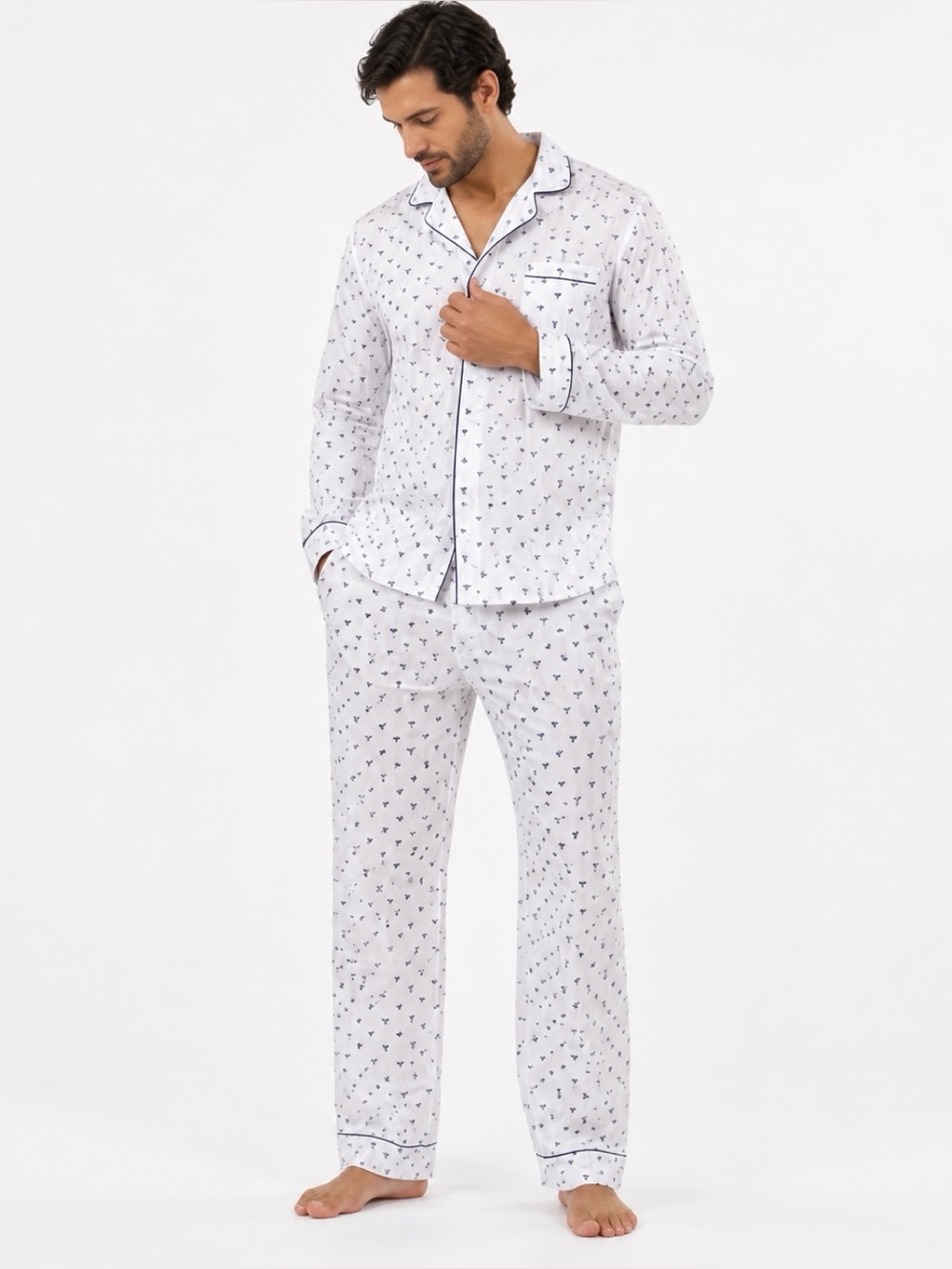 Petite Plume Men’s Medium Bee Print 100% Cotton Pajama Set White Blue